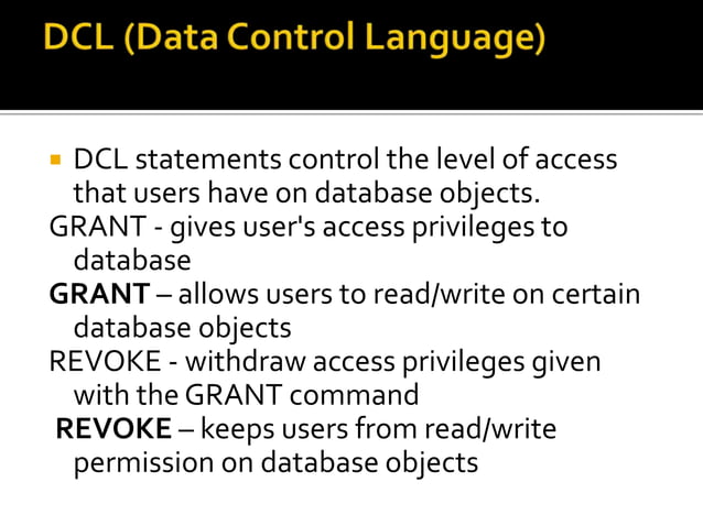 DML, DDL, DCL ,DRL/DQL and TCL Statements in SQL with Examples | PPT