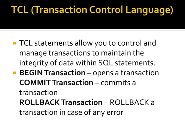 DML, DDL, DCL ,DRL/DQL and TCL Statements in SQL with Examples | PPTX