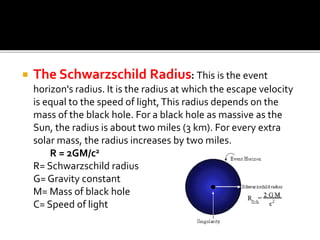  The Schwarzschild Radius: This is the event
horizon's radius. It is the radius at which the escape velocity
is equal to the speed of light, This radius depends on the
mass of the black hole. For a black hole as massive as the
Sun, the radius is about two miles (3 km). For every extra
solar mass, the radius increases by two miles.
R = 2GM/c2
R= Schwarzschild radius
G= Gravity constant
M= Mass of black hole
C= Speed of light
 