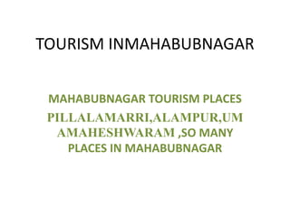 TOURISM INMAHABUBNAGAR
MAHABUBNAGAR TOURISM PLACES
PILLALAMARRI,ALAMPUR,UM
AMAHESHWARAM ,SO MANY
PLACES IN MAHABUBNAGAR
 