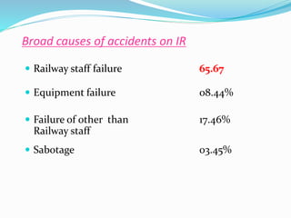 Broad causes of accidents on IR
 Railway staff failure 65.67
 Equipment failure 08.44%
 Failure of other than 17.46%
Railway staff
 Sabotage 03.45%
 