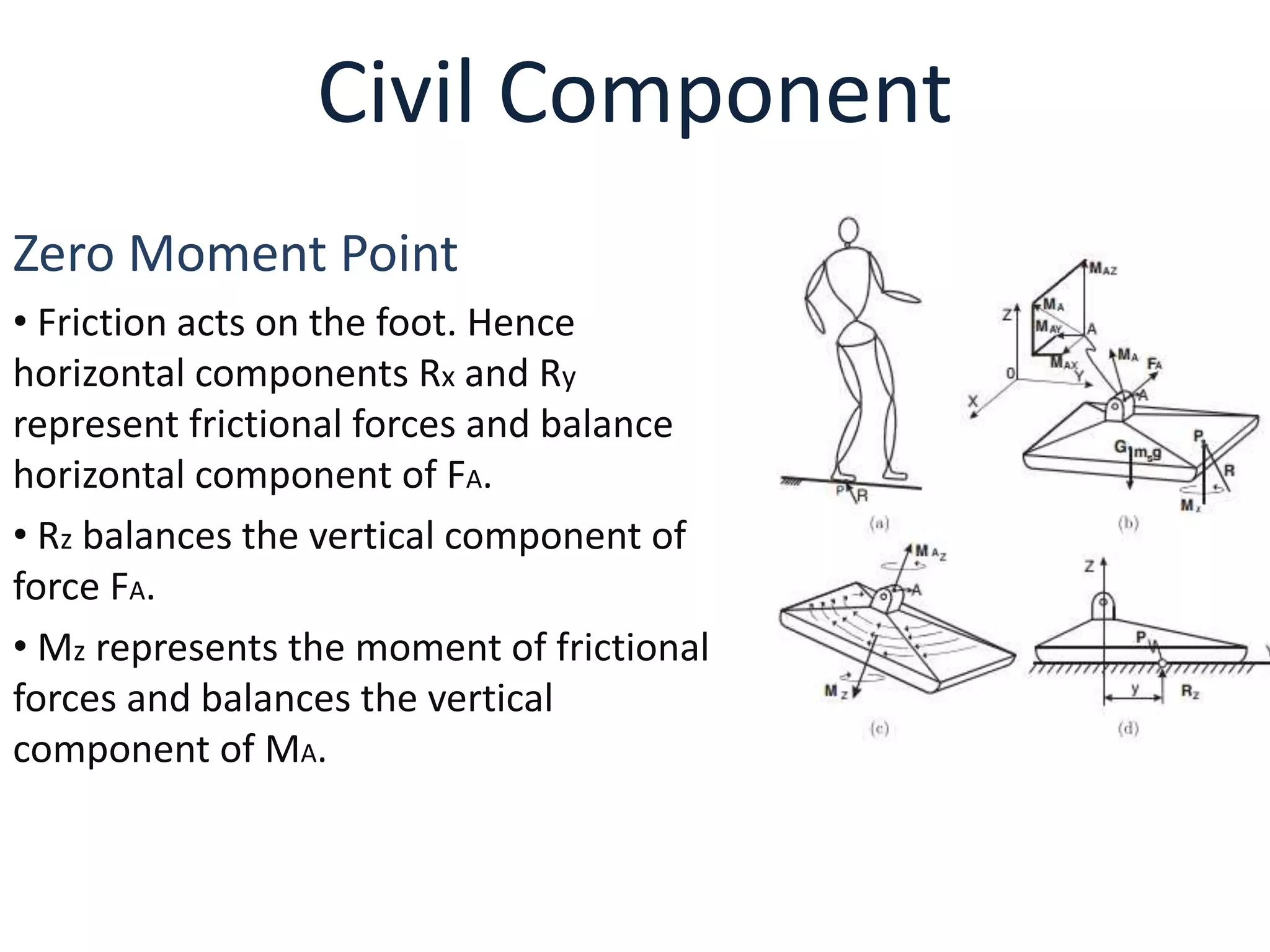 Civil Component
Zero Moment Point
• Friction acts on the foot. Hence
horizontal components Rx and Ry
represent frictional forces and balance
horizontal component of FA.
• Rz balances the vertical component of
force FA.
• Mz represents the moment of frictional
forces and balances the vertical
component of MA.
 