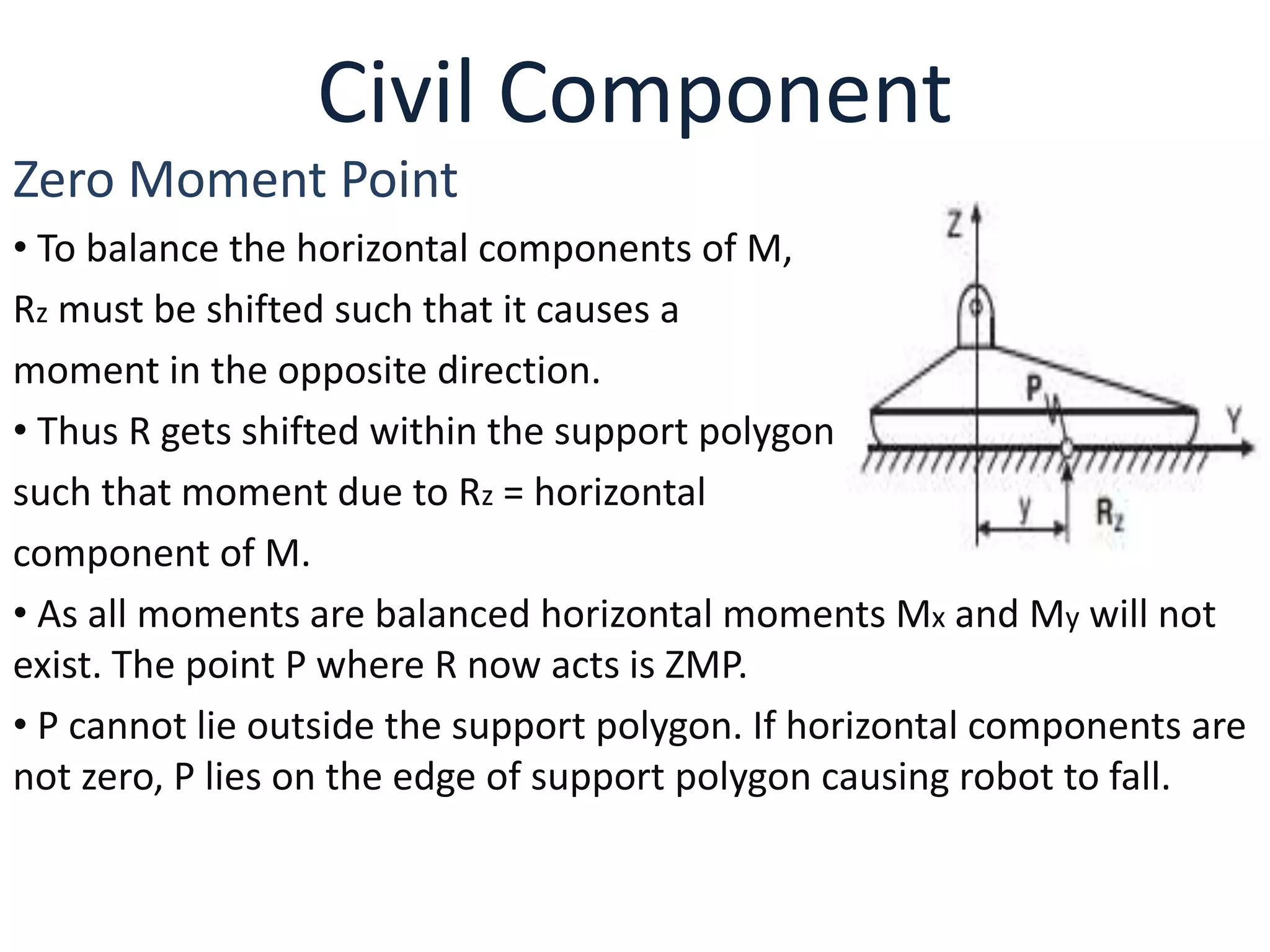 Civil Component
Zero Moment Point
• To balance the horizontal components of M,
Rz must be shifted such that it causes a
moment in the opposite direction.
• Thus R gets shifted within the support polygon
such that moment due to Rz = horizontal
component of M.
• As all moments are balanced horizontal moments Mx and My will not
exist. The point P where R now acts is ZMP.
• P cannot lie outside the support polygon. If horizontal components are
not zero, P lies on the edge of support polygon causing robot to fall.
 