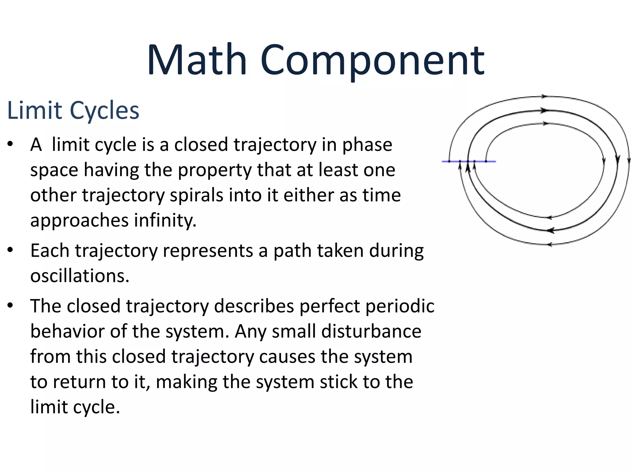 Math Component
Limit Cycles
• A limit cycle is a closed trajectory in phase
space having the property that at least one
other trajectory spirals into it either as time
approaches infinity.
• Each trajectory represents a path taken during
oscillations.
• The closed trajectory describes perfect periodic
behavior of the system. Any small disturbance
from this closed trajectory causes the system
to return to it, making the system stick to the
limit cycle.
 
