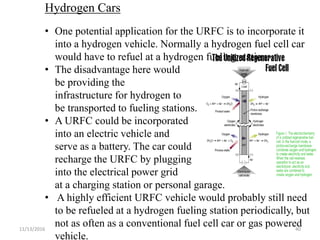 11/13/2016 40
Hydrogen Cars
• One potential application for the URFC is to incorporate it
into a hydrogen vehicle. Normally a hydrogen fuel cell car
would have to refuel at a hydrogen fueling station.
• The disadvantage here would
be providing the
infrastructure for hydrogen to
be transported to fueling stations.
• A URFC could be incorporated
into an electric vehicle and
serve as a battery. The car could
recharge the URFC by plugging
into the electrical power grid
at a charging station or personal garage.
• A highly efficient URFC vehicle would probably still need
to be refueled at a hydrogen fueling station periodically, but
not as often as a conventional fuel cell car or gas powered
vehicle.
 