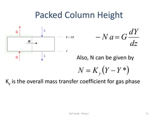 Packed Column Height
dz
dY
GaN 
Also, N can be given by
 *YYKN y 
Ky is the overall mass transfer coefficient for gas phase
11Self study - Phase I
 