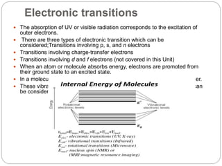 Electronic transitions
 The absorption of UV or visible radiation corresponds to the excitation of
outer electrons.
 There are three types of electronic transition which can be
considered;Transitions involving p, s, and n electrons
 Transitions involving charge-transfer electrons
 Transitions involving d and f electrons (not covered in this Unit)
 When an atom or molecule absorbs energy, electrons are promoted from
their ground state to an excited state.
 In a molecule, the atoms can rotate and vibrate with respect to each other.
 These vibrations and rotations also have discrete energy levels, which can
be considered as being packed on top of each electronic level.
 