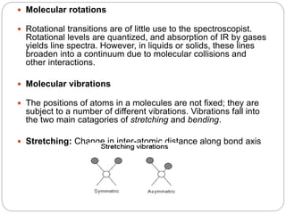  Molecular rotations
 Rotational transitions are of little use to the spectroscopist.
Rotational levels are quantized, and absorption of IR by gases
yields line spectra. However, in liquids or solids, these lines
broaden into a continuum due to molecular collisions and
other interactions.
 Molecular vibrations
 The positions of atoms in a molecules are not fixed; they are
subject to a number of different vibrations. Vibrations fall into
the two main catagories of stretching and bending.
 Stretching: Change in inter-atomic distance along bond axis
 