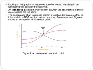  Looking at the graph that measures absorbance and wavelength, an
isosbestic point can also be observed.
 An isosbestic point is the wavelength in which the absorbance of two or
more species are the same.
 The appearance of an isosbestic point in a reaction demonstrates that an
intermediate is NOT required to form a product from a reactant. Figure 4
shows an example of an isosbestic point.
Figure 4: An example of isosbestic point
 