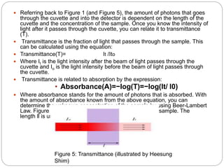  Referring back to Figure 1 (and Figure 5), the amount of photons that goes
through the cuvette and into the detector is dependent on the length of the
cuvette and the concentration of the sample. Once you know the intensity of
light after it passes through the cuvette, you can relate it to transmittance
(T).
 Transmittance is the fraction of light that passes through the sample. This
can be calculated using the equation:
 Transmittance(T)= It /Ito
 Where It is the light intensity after the beam of light passes through the
cuvette and Io is the light intensity before the beam of light passes through
the cuvette.
 Transmittance is related to absorption by the expression:
• Absorbance(A)=−log(T)=−log(It/ I0)
 Where absorbance stands for the amount of photons that is absorbed. With
the amount of absorbance known from the above equation, you can
determine the unknown concentration of the sample by using Beer-Lambert
Law. Figure 5 illustrates transmittance of light through a sample. The
length ll is used for Beer-Lambert Law described below.
Figure 5: Transmittance (illustrated by Heesung
Shim)
 