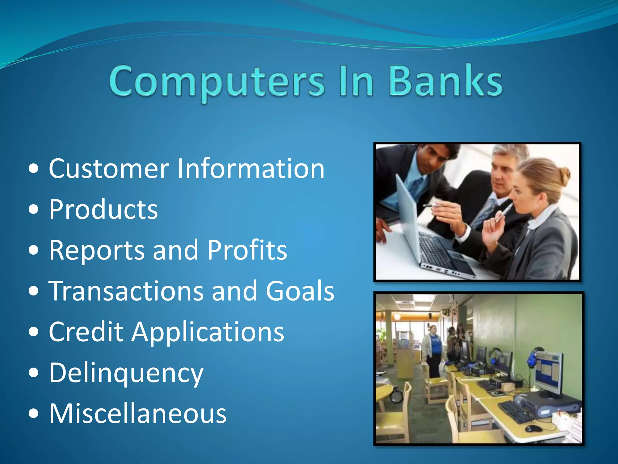 • Customer Information
• Products
• Reports and Profits
• Transactions and Goals
• Credit Applications
• Delinquency
• Miscellaneous
 