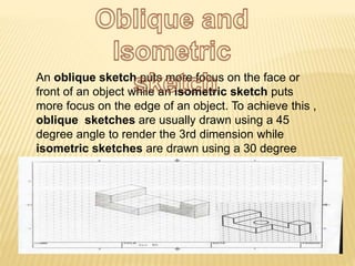 An oblique sketch puts more focus on the face or
front of an object while an isometric sketch puts
more focus on the edge of an object. To achieve this ,
oblique sketches are usually drawn using a 45
degree angle to render the 3rd dimension while
isometric sketches are drawn using a 30 degree
angle.”
 