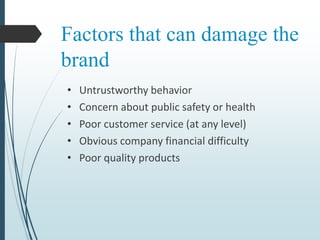 Factors that can damage the
brand
• Untrustworthy behavior
• Concern about public safety or health
• Poor customer service (at any level)
• Obvious company financial difficulty
• Poor quality products
 
