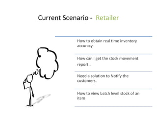 Current Scenario - Retailer
How to obtain real time inventory
accuracy.
How can I get the stock movement
report .
Need a solution to Notify the
customers.
How to view batch level stock of an
item
 