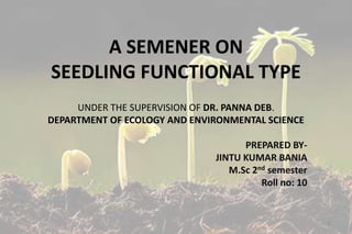 A SEMENER ON
SEEDLING FUNCTIONAL TYPE
UNDER THE SUPERVISION OF DR. PANNA DEB.
DEPARTMENT OF ECOLOGY AND ENVIRONMENTAL SCIENCE
PREPARED BY-
JINTU KUMAR BANIA
M.Sc 2nd semester
Roll no: 10
1
 