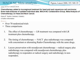 MACH NC Meta-anaalysis Pignon, Lancet 2000; 355: 949–55
• Over 70 randomized trials
• Three comparisons
1. The effect of chemotherapy — LR treatment was compared with LR
treatment plus chemotherapy.
2. The timing of chemotherapy — NACT plus radiotherapy was compared
with concomitant or alternating Radio-Chemotherapy with the same drugs.
3. Larynx preservation with neoadjuvant chemotherapy —radical surgery plus
radiotherapy was compared with neoadjuvant chemotherapy plus
radiotherapy in responders or radical surgery and radiotherapy in non-
responders.
 