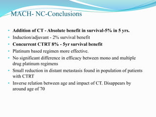 MACH- NC-Conclusions
• Addition of CT - Absolute benefit in survival-5% in 5 yrs.
• Induction/adjuvant - 2% survival benefit
• Concurrent CTRT 8% - 5yr survival benefit
• Platinum based regimen more effective.
• No significant difference in efficacy between mono and multiple
drug platinum regimens
• Small reduction in distant metastasis found in population of patients
with CTRT
• Inverse relation between age and impact of CT. Disappears by
around age of 70
 
