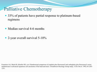 Palliative Chemotherapy
 33% of patients have partial response to platinum-based
regimens
 Median survival 4-6 months
 2-year overall survival 5-10%
Forastiere AA, Metch B, Schuller DE, et al. Randomized comparison of cisplatin plus fluorouracil and carboplatin plus fluorouracil versus
methotrexate in advanced squamous cell carcinoma of the head and neck: A Southwest Oncology Group study. J Clin Oncol. 1992;10:1245-
1251.
 