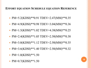 EFFORT EQUATION SCHEDULE EQUATION REFERENCE
 PM=5.2(KDSI)**0.91 TDEV=2.47(MM)**0.35
 PM=4.9(KDSI)**0.98 TDEV=3.04(MM)**0.36
 PM=1.5(KDSI)**1.02 TDEV=4.38(MM)**0.25
 PM=2.4(KDSI)**1.05 TDEV=2.50(MM)**0.38
 PM=3.0(KDSI)**1.12 TDEV=2.50(MM)**0.35
 PM=3.6(KDSI)**1.40 TDEV=2.50(MM)**0.32
 PM=1.0(KDSI)**1.50
 PM=0.7(KDSI)**1.50
18
 