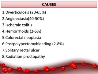 CAUSES
1.Diverticulosis (20-65%)
2.Angioectasia(40-50%)
3.Ischemic colitis
4.Hemorrhoids (2-5%)
5.Colorectal neoplasia
6.Postpolypectomybleeding (2-8%)
7.Solitary rectal ulcer
8.Radiation proctopathy
 