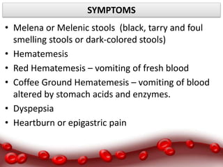 SYMPTOMS
• Melena or Melenic stools (black, tarry and foul
smelling stools or dark-colored stools)
• Hematemesis
• Red Hematemesis – vomiting of fresh blood
• Coffee Ground Hematemesis – vomiting of blood
altered by stomach acids and enzymes.
• Dyspepsia
• Heartburn or epigastric pain
 