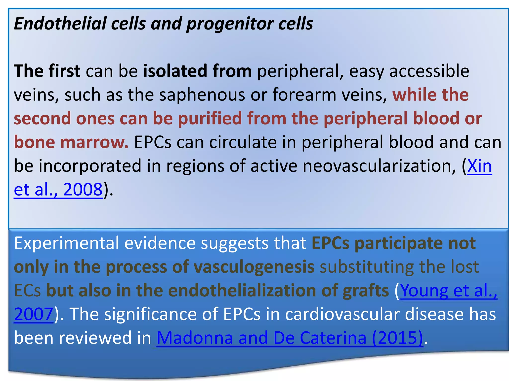 Endothelial cells and progenitor cells
The first can be isolated from peripheral, easy accessible
veins, such as the saphenous or forearm veins, while the
second ones can be purified from the peripheral blood or
bone marrow. EPCs can circulate in peripheral blood and can
be incorporated in regions of active neovascularization, (Xin
et al., 2008).
Experimental evidence suggests that EPCs participate not
only in the process of vasculogenesis substituting the lost
ECs but also in the endothelialization of grafts (Young et al.,
2007). The significance of EPCs in cardiovascular disease has
been reviewed in Madonna and De Caterina (2015).
 