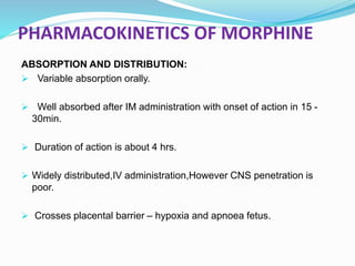 PHARMACOKINETICS OF MORPHINE
ABSORPTION AND DISTRIBUTION:
 Variable absorption orally.
 Well absorbed after IM administration with onset of action in 15 -
30min.
 Duration of action is about 4 hrs.
 Widely distributed,IV administration,However CNS penetration is
poor.
 Crosses placental barrier – hypoxia and apnoea fetus.
 