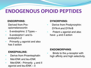 ENDOGENOUS OPIOID PEPTIDES
ENDORPHINS:
Derived from Pro-
opiomelanocortin
• ß-endorphins: 2 Types –
• ß-endorphin1 and ß-
endorphin-2
• Primarily μ agonist and also
has δ action
ENKEPHALINS:
• Derive from Proenkephalin
• Met-ENK and leu-ENK
• Met-ENK - Primarily μ and δ
agonist and leu-ENK – δ
DYNORPHINS:
• Derive from Prodynorphin:
DYN-A and DYN-B
• Potent κ agonist and also
have μ and δ action
ENDOMORPHINS:
• Binds to the µ-receptor with
high affinity and high selectivity.
 