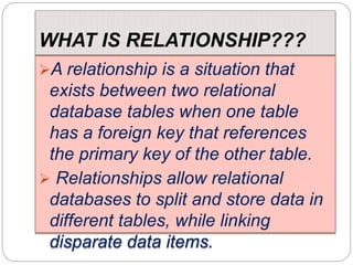 WHAT IS RELATIONSHIP???
A relationship is a situation that
exists between two relational
database tables when one table
has a foreign key that references
the primary key of the other table.
 Relationships allow relational
databases to split and store data in
different tables, while linking
disparate data items.
 