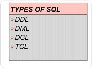 TYPES OF SQL
DDL
DML
DCL
TCL
 