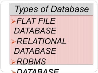 Types of Database
FLAT FILE
DATABASE
RELATIONAL
DATABASE
RDBMS
 