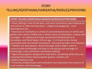 STORY
TELLING/KEERTHANA/HARIKATHA/RIDDLES/PROVERBS
 