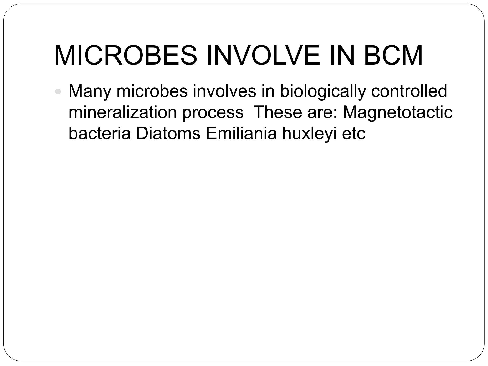 MICROBES INVOLVE IN BCM
 Many microbes involves in biologically controlled
mineralization process These are: Magnetotactic
bacteria Diatoms Emiliania huxleyi etc
 
