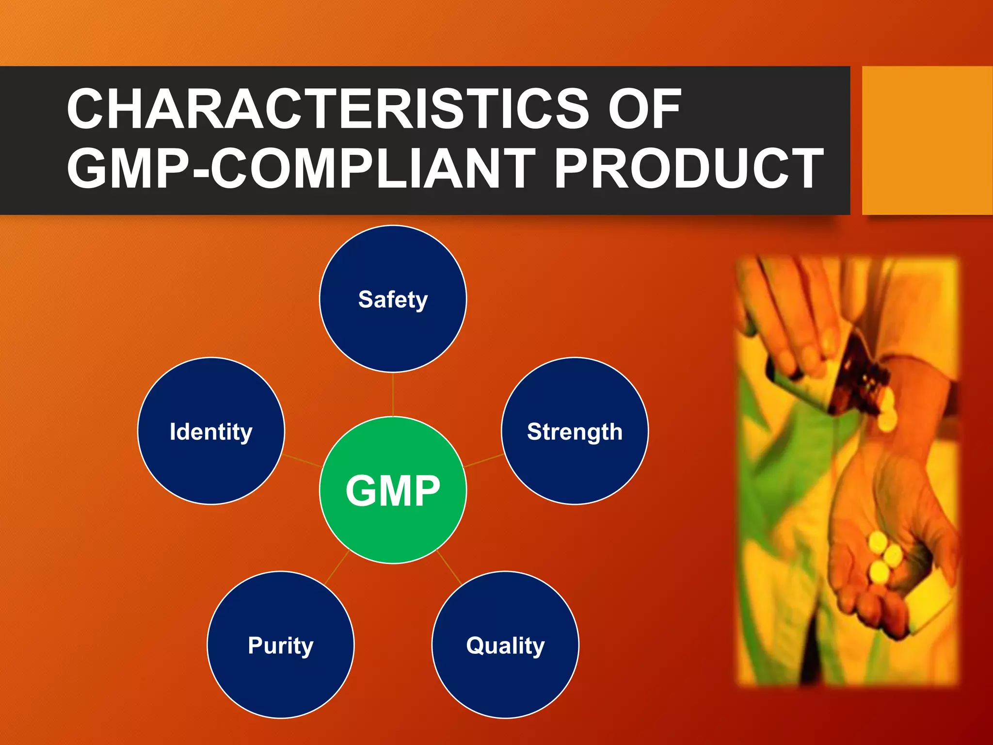 CHARACTERISTICS OF
GMP-COMPLIANT PRODUCT
GMP
Safety
Strength
QualityPurity
Identity
 