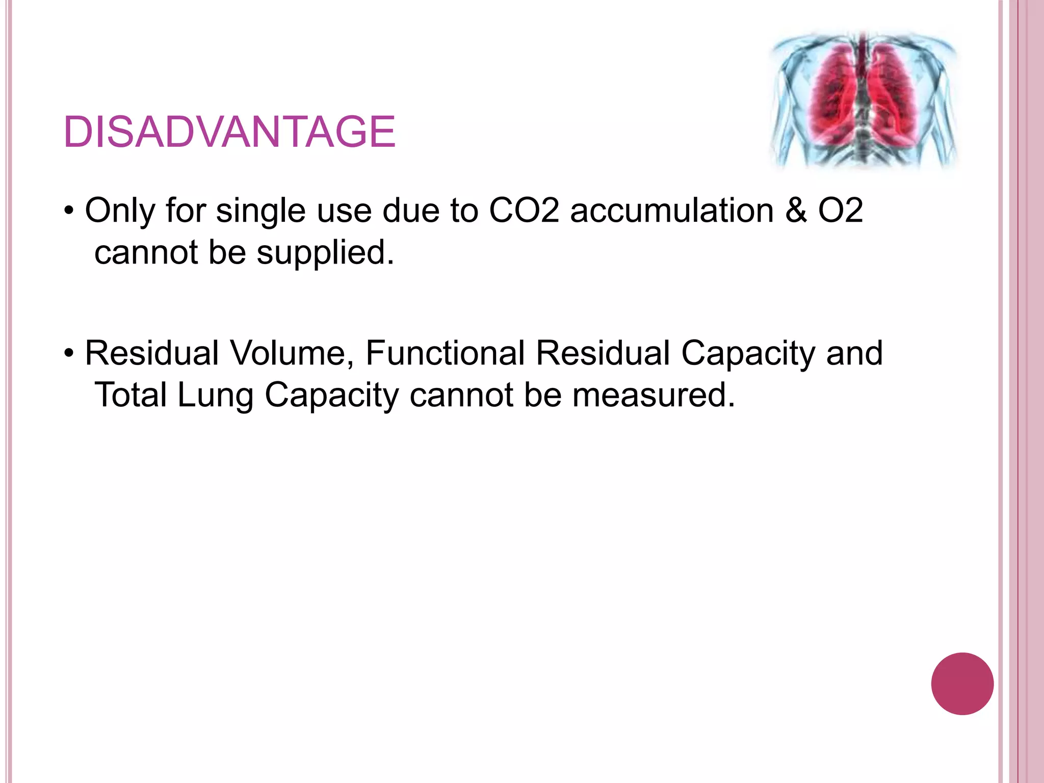 DISADVANTAGE
• Only for single use due to CO2 accumulation & O2
cannot be supplied.
• Residual Volume, Functional Residual Capacity and
Total Lung Capacity cannot be measured.
 