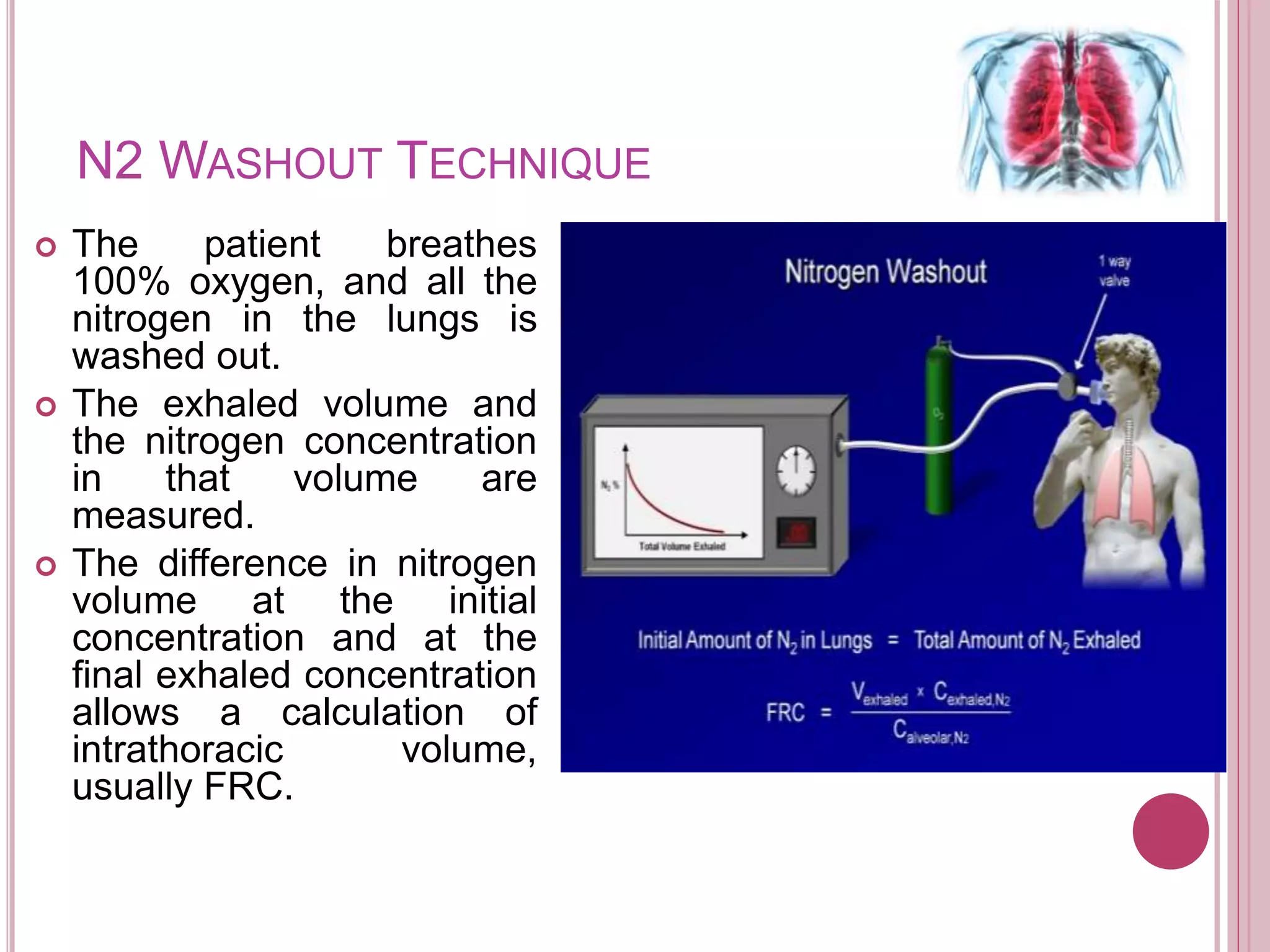 N2 WASHOUT TECHNIQUE
 The patient breathes
100% oxygen, and all the
nitrogen in the lungs is
washed out.
 The exhaled volume and
the nitrogen concentration
in that volume are
measured.
 The difference in nitrogen
volume at the initial
concentration and at the
final exhaled concentration
allows a calculation of
intrathoracic volume,
usually FRC.
 