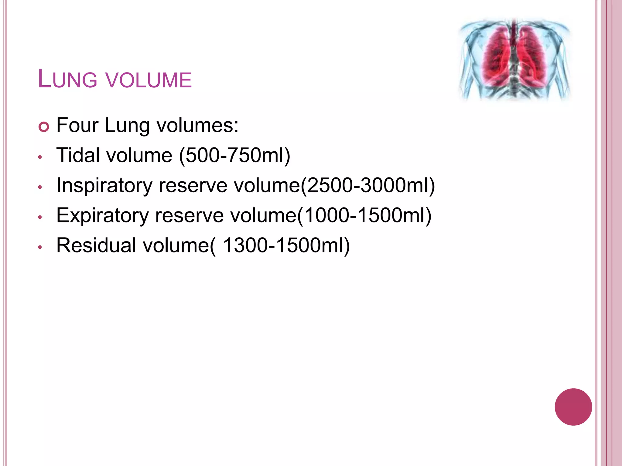 LUNG VOLUME
 Four Lung volumes:
• Tidal volume (500-750ml)
• Inspiratory reserve volume(2500-3000ml)
• Expiratory reserve volume(1000-1500ml)
• Residual volume( 1300-1500ml)
 