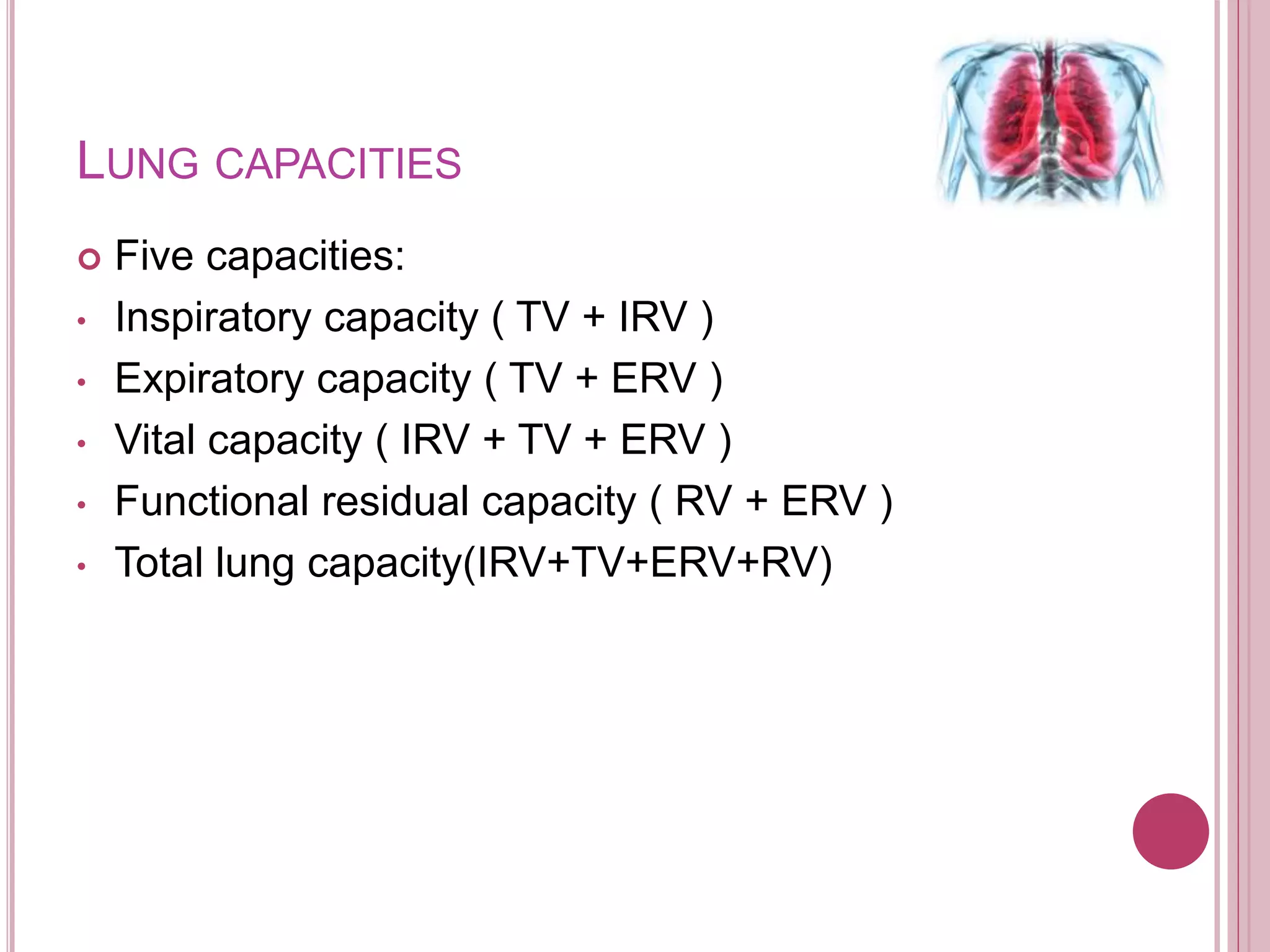 LUNG CAPACITIES
 Five capacities:
• Inspiratory capacity ( TV + IRV )
• Expiratory capacity ( TV + ERV )
• Vital capacity ( IRV + TV + ERV )
• Functional residual capacity ( RV + ERV )
• Total lung capacity(IRV+TV+ERV+RV)
 
