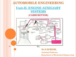 AUTOMOBILE ENGINEERING
Unit-II- ENGINE AUXILIARY
SYSTEMS
(CARBURETTOR)
By,
Dr.S.SURESH,
Assistant Professor,
Department of Mechanical Engineering
 