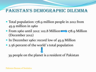 Pakistan's demographic dilemma
 Total population: 178.9 million people in 2012 from

45.9 million in 1960
 From 1960 until 2012: 102.8 Million
178.9 Million
(December 2012)
 In December 1960: record low of 45.9 Million
 2.56 percent of the world´s total population
39 people on the planet is a resident of Pakistan

Pakistan Bureau of Statistics

 
