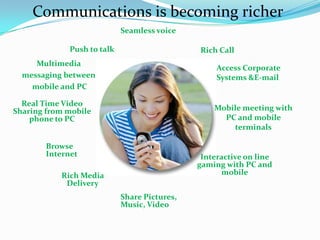 Communications is becoming richer
                            Seamless voice

             Push to talk                   ...