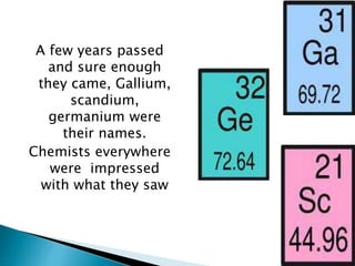 A few years passed
and sure enough
they came, Gallium,
scandium,
germanium were
their names.
Chemists everywhere
were impressed
with what they saw
 