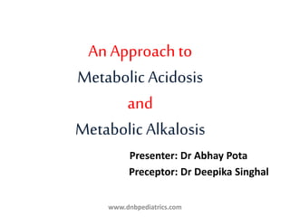 An Approach to
Metabolic Acidosis
and
Metabolic Alkalosis
Presenter: Dr Abhay Pota
Preceptor: Dr Deepika Singhal
www.dnbpediatrics.com
 
