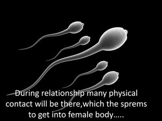 During relationship many physical
contact will be there,which the sprems
to get into female body…..
 