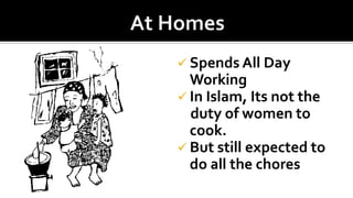  Spends All Day
Working
 In Islam, Its not the
duty of women to
cook.
 But still expected to
do all the chores
 
