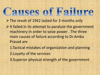 The revolt of 1942 lasted for 3 months only
It failed in its attempt to paralyze the government
machinery in order to seize power . The three
main causes of failure according to Dr.Amba
Prasad are
1.Tactical mistakes of organization and planning
2.Loyalty of the services
3.Superior physical strength of the government
 