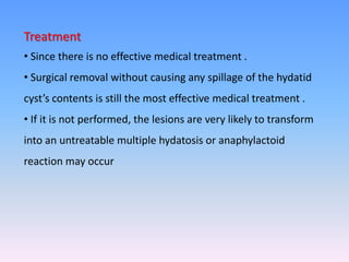 Treatment
• Since there is no effective medical treatment .
• Surgical removal without causing any spillage of the hydatid
cyst’s contents is still the most effective medical treatment .
• If it is not performed, the lesions are very likely to transform
into an untreatable multiple hydatosis or anaphylactoid
reaction may occur
 