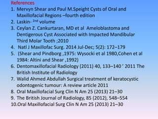 References
1. Mervyn Shear and Paul M.Speight Cysts of Oral and
Maxillofacial Regions –fourth edition
2. Laskin- 2nd volume
3. Ceylan Z. Cankurtaran, MD et al Ameloblastoma and
Dentigerous Cyst Associated with Impacted Mandibular
Third Molar Tooth ;2010
4. Natl J Maxillofac Surg. 2014 Jul-Dec; 5(2): 172–179
5. (Shear and Pindborg ,1975: Wysocki et al 1980,Cohen et al
1984: Altini and Shear ,1992)
6. Dentomaxillofacial Radiology (2011) 40, 133–140 ’ 2011 The
British Institute of Radiology
7. Walid Ahmed Abdullah Surgical treatment of keratocystic
odontogenic tumour: A review article 2011
8. Oral Maxillofacial Surg Clin N Am 25 (2013) 21–30
9. The British Journal of Radiology, 85 (2012), 548–554
10.Oral Maxillofacial Surg Clin N Am 25 (2013) 21–30
 
