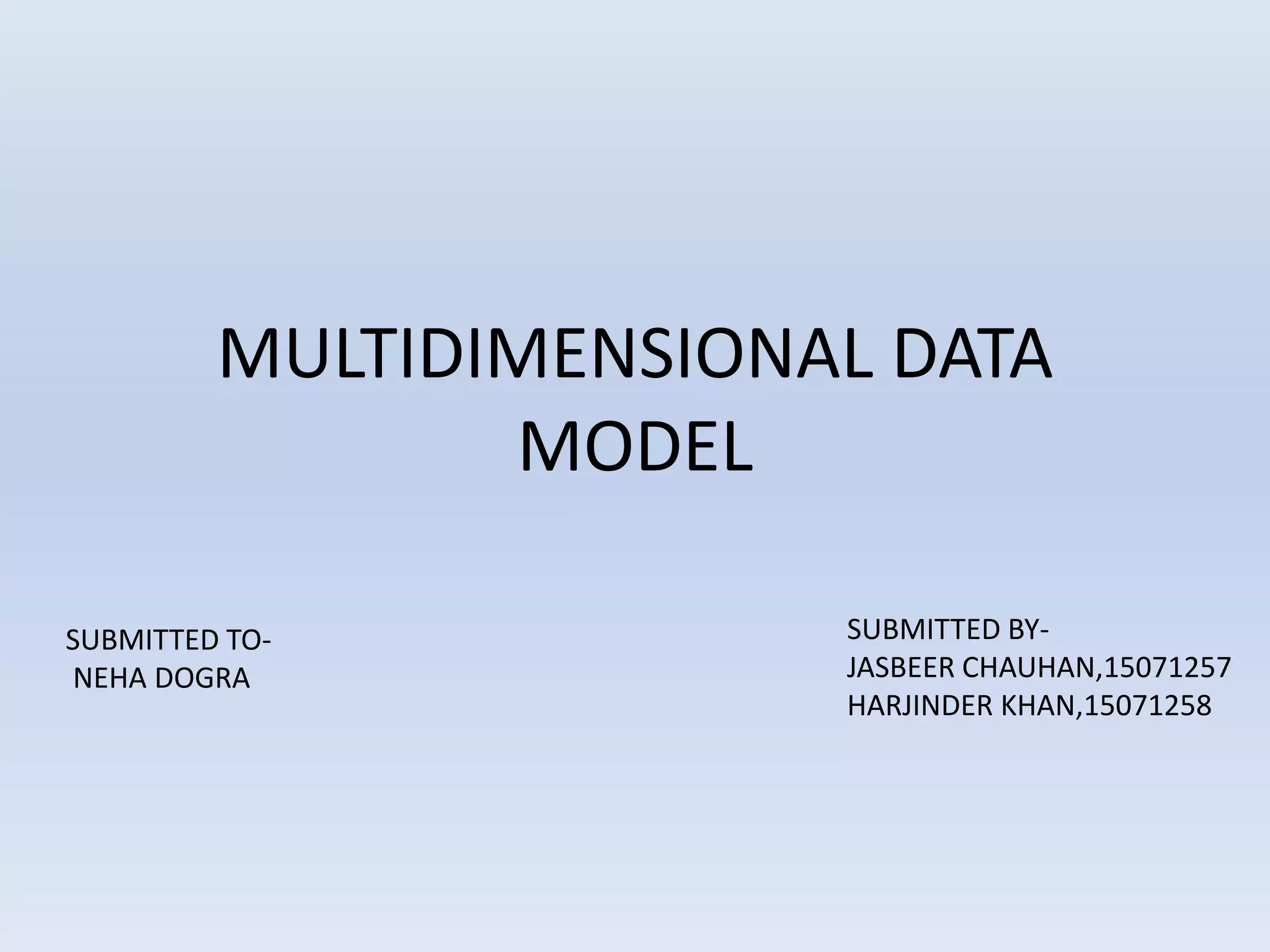 MULTIDIMENSIONAL DATA
MODEL
SUBMITTED BY-
JASBEER CHAUHAN,15071257
HARJINDER KHAN,15071258
SUBMITTED TO-
NEHA DOGRA
 