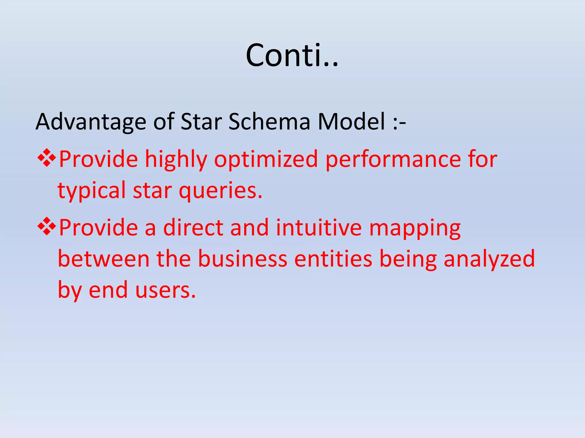 Conti..
Advantage of Star Schema Model :-
Provide highly optimized performance for
typical star queries.
Provide a direct and intuitive mapping
between the business entities being analyzed
by end users.
 
